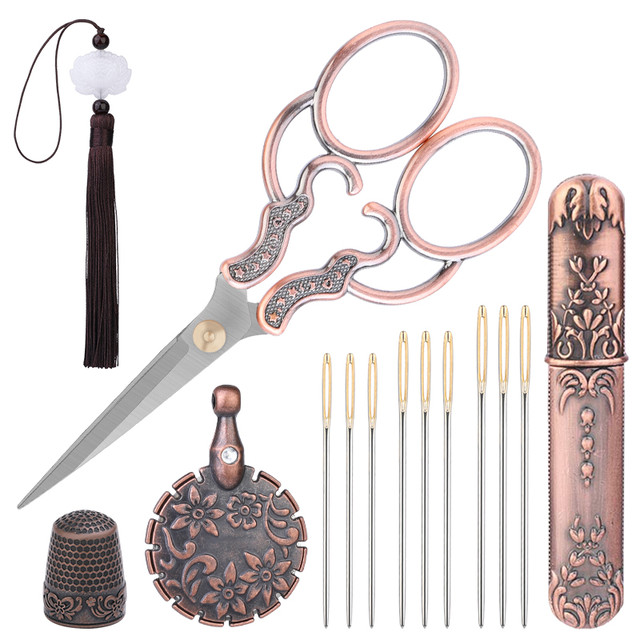 SHWAKK Vintage Embroidery Scissors Kit With Thimble and 9pcs Needles Thread  Needlework Sewing Scissors For Fabric